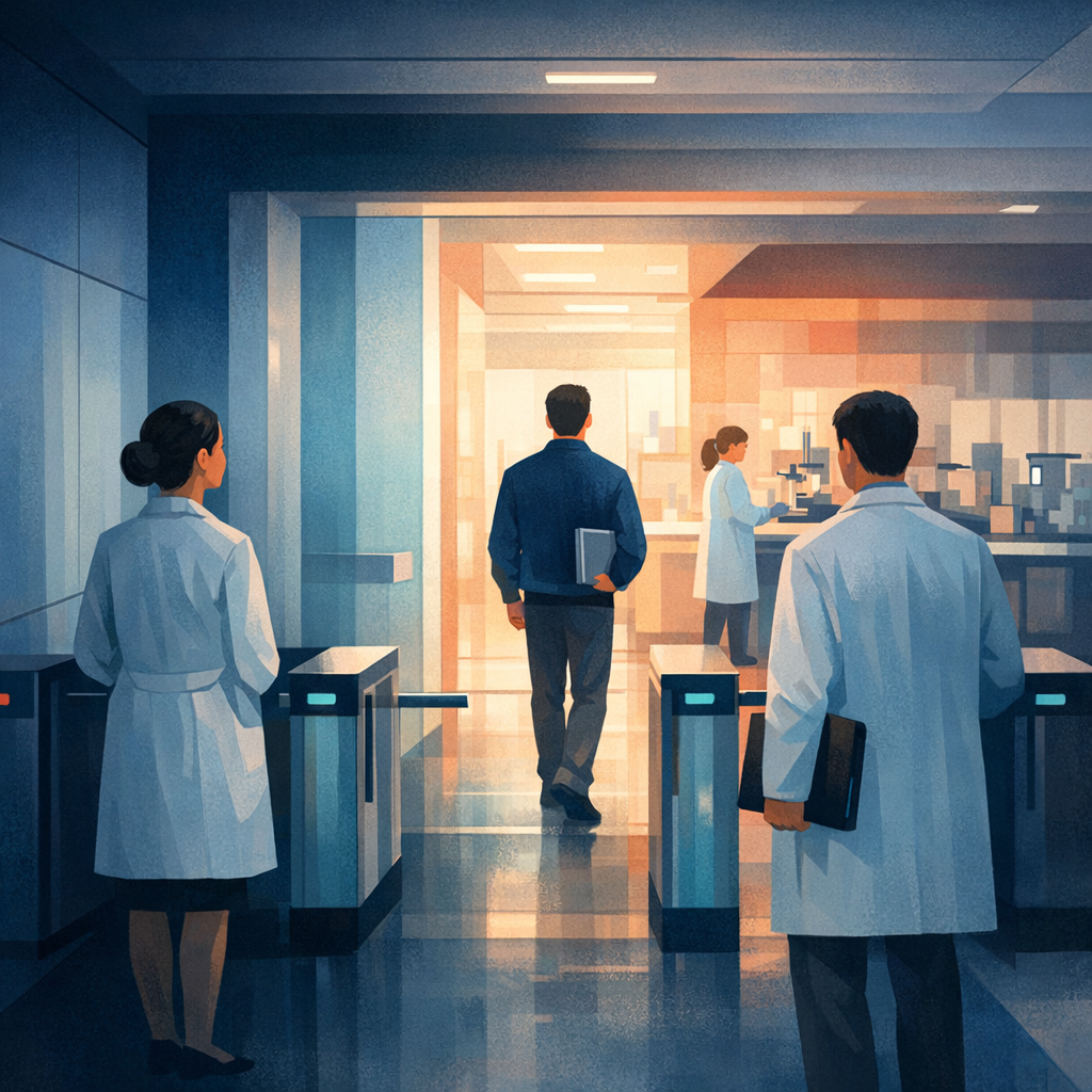 Ilustración generada con IA: un espacio de transición entre investigación y hospital, con profesionales avanzando por fases de validación antes de llegar a la práctica clínica real.
